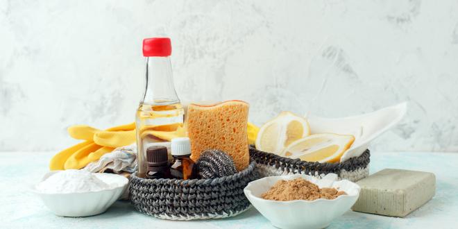 eco-friendly natural cleaning products on a kitchen table